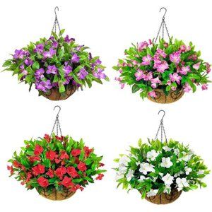 Artificial Flowers Hanging Basket for Outdoor Indoor, Fake Hanging Plant Silk